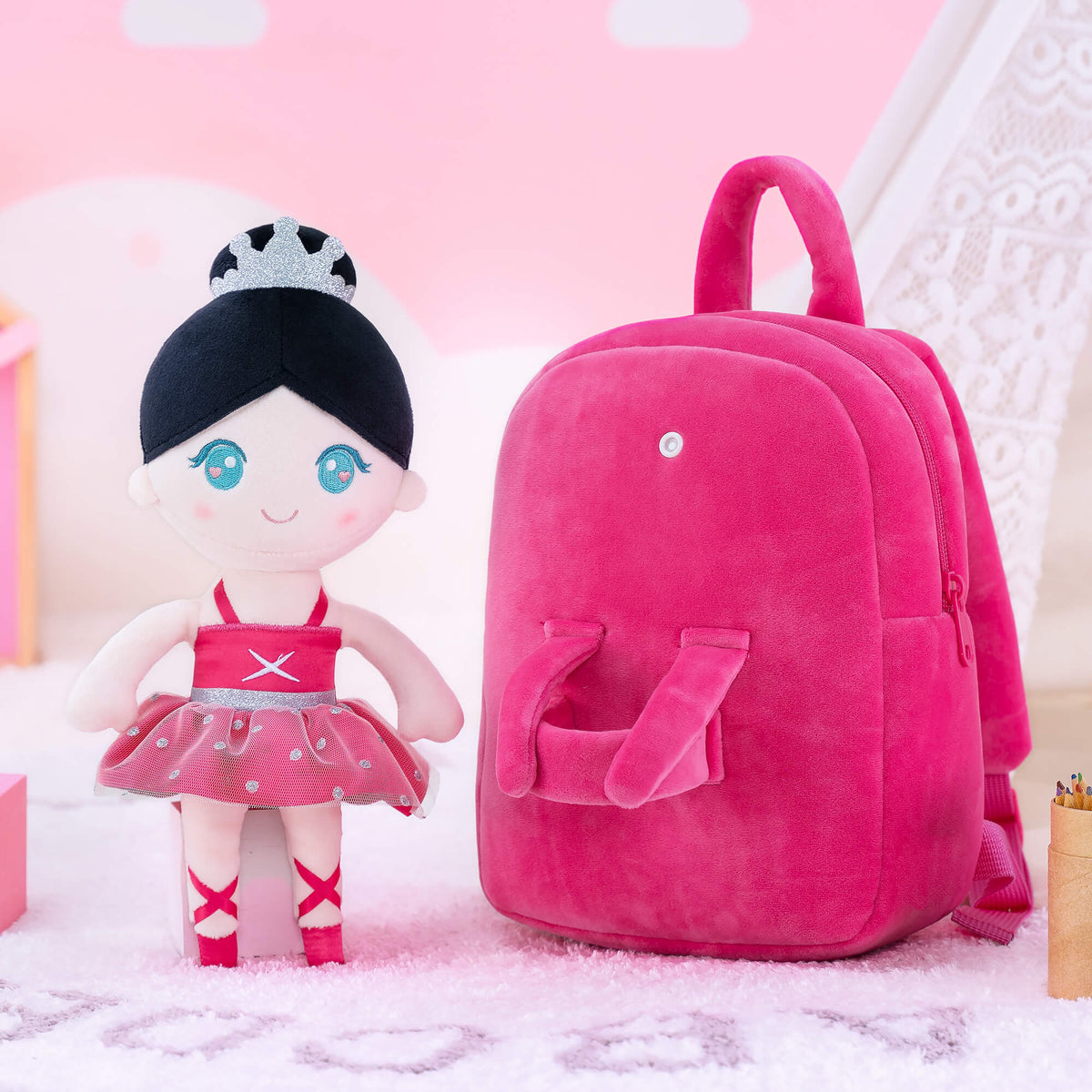 Rose Red Ballerina Doll + Backpack — close-up