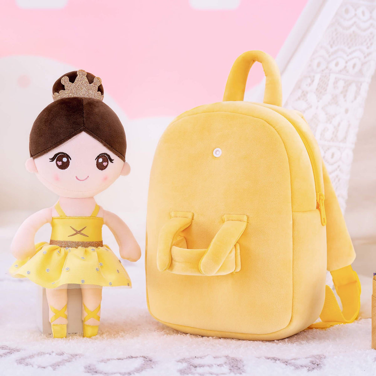Personalised Yellow Ballerina Doll + Backpack — close-up
