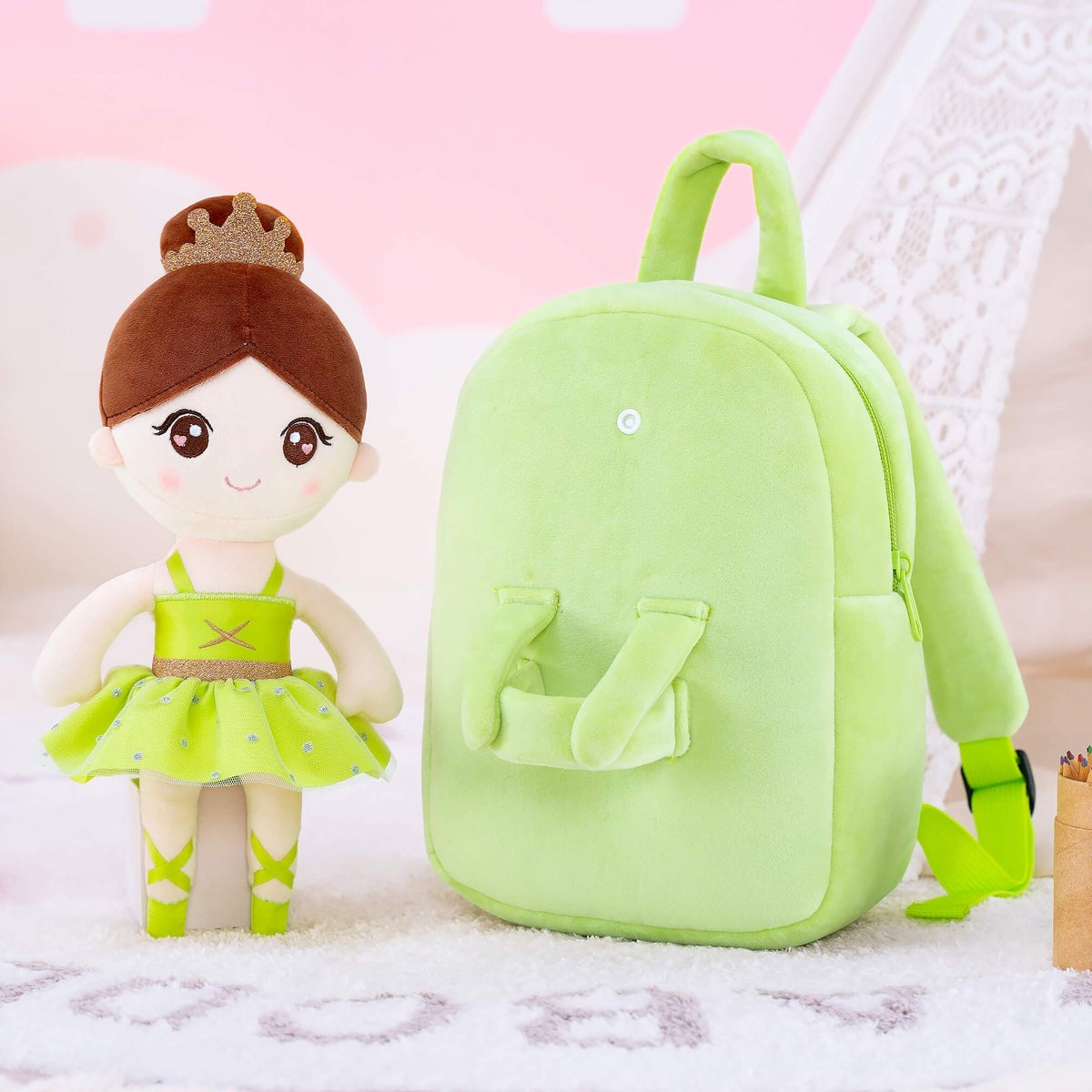 Personalised Green Ballerina Doll + Backpack — close-up